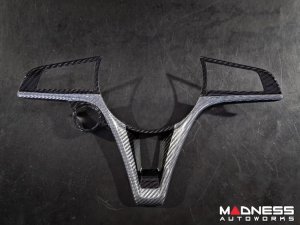 Alfa Romeo Stelvio Steering Wheel Trim - Carbon Fiber - Main Center Trim Piece - Black/ White Candy - Pre '20 Models Alfa Romeo Stelvio Steering Wheel Trim - Carbon Fiber - Main Center Trim Piece - Black/ White Candy - Pre '20 Models